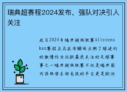 瑞典超赛程2024发布，强队对决引人关注